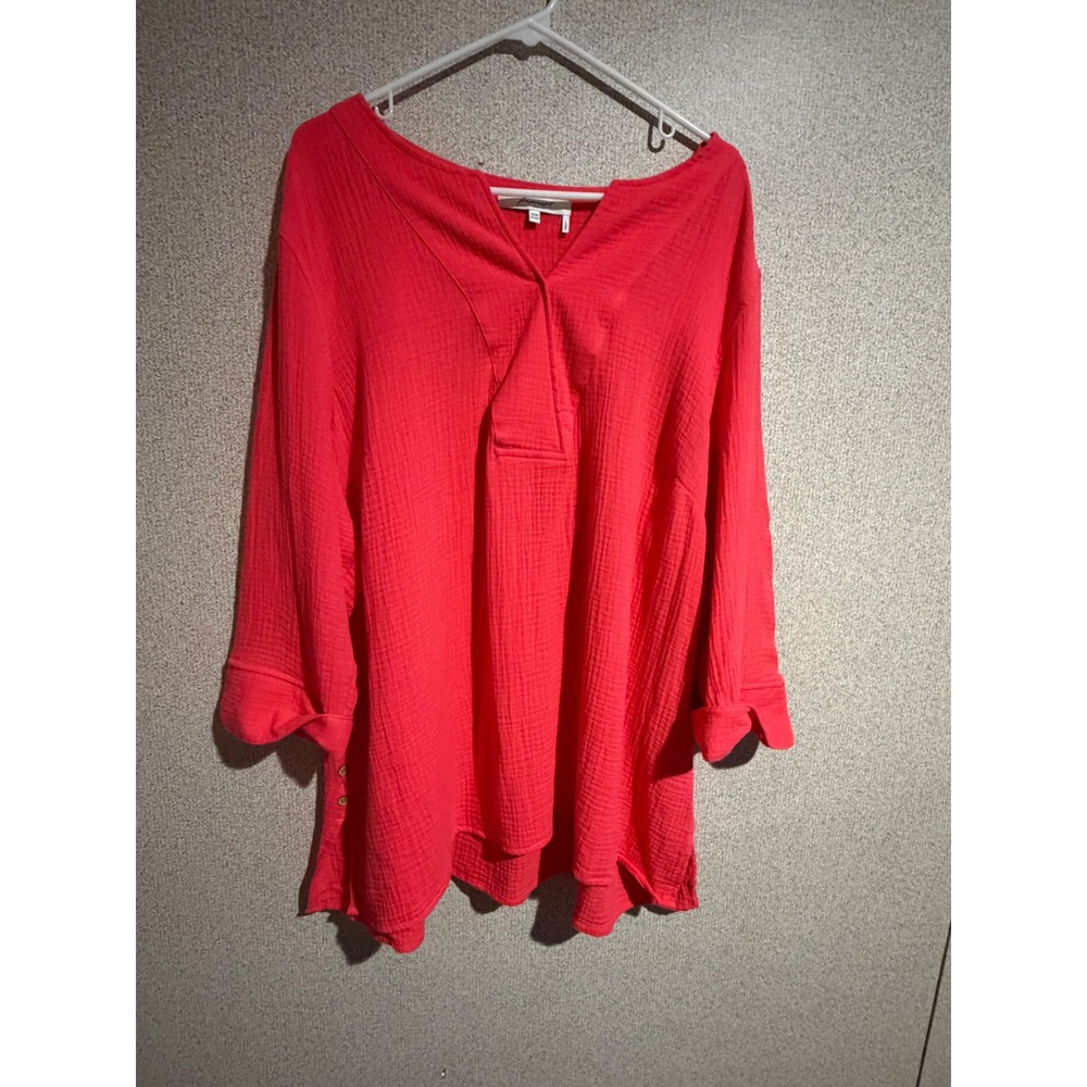 Foxcroft NYC Womens 20W Relaxed Red Textured Cotton Gauze Tunic Top 3/4 Sleeve